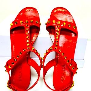 Prada red leather gold studded flat sandals 37.5